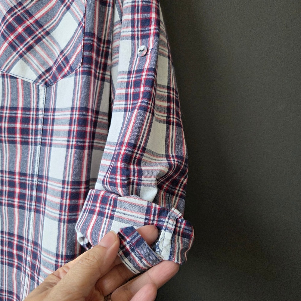 Altard State Womens‎ Plaid Button Down Shirt Red White Blue Roll Tab Sleeve S - Picture 3 of 6